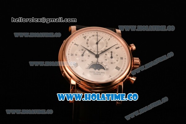 Patek Philippe Grand Complication Chrono Venus 7750 Manual Winding Rose Gold Case with White Dial Black Leather Strap and Roman Numeral Markers - Click Image to Close